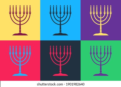 Pop Art Hanukkah menorah Symbol einzeln auf Farbhintergrund. Religion-Symbol. Hanukka traditionelles Symbol. Feiertagsreligion, jüdisches Festival der Lichter. Vektorgrafik.