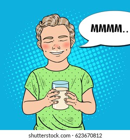 Pop Art Happy Boy with Glass of Milk. Healthy Eating. Vector illustration