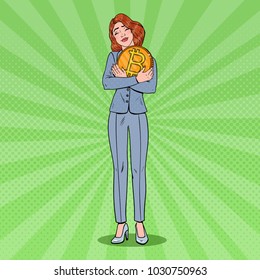 Pop Art Happy Business Woman Holding Big Bitcoin Coin. Crypto Currency Network Technology. Vector illustration
