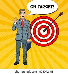 Pop Art Happy Businessman Achieved the Target. Business Success. Vector illustration
