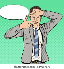 Pop Art Happy Businessman Focusing with his Hands. Vector illustration