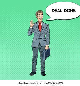 Pop Art Happy Businessman Gesturing OK. Business Success. Vector illustration