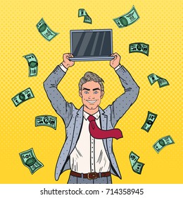 Pop Art Happy Businessman with Laptop and Falling Down Money. Business Success. Vector illustration