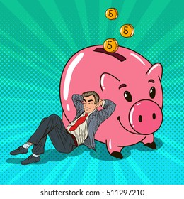 Pop Art Happy Businessman Sleeping near Piggy with Fallen Down Money. Vector illustration