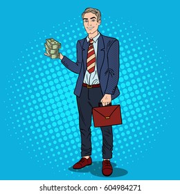 Pop Art Happy Businessman with Stack of Money. Business Success. Vector illustration