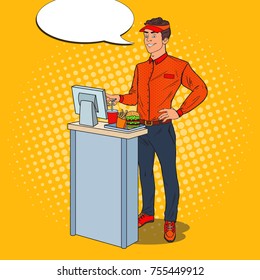 Pop Art Happy Cashier Takes the Order. Fast Food Restaurant Worker. Vector illustration