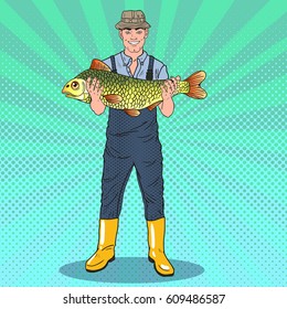 Pop Art Happy Fisherman Holding Big Fish. Good Catch. Vector illustration