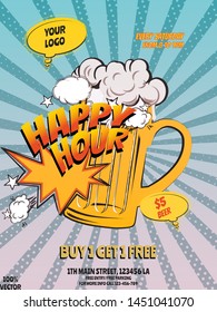 Pop art Happy Hours flyer, banner or template design with beer mug icons and geometric shapes on grunge background. Advertising Pop Art poster or party invitation.

