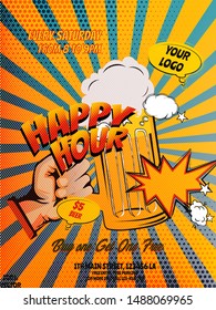 Pop art Happy Hours flyer, banner or template design with beer mug icons and geometric shapes on grunge background. Advertising Pop Art poster or party invitation

