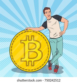 Pop Art Happy Man with Big Bitcoin. Cryptocurrency Concept. Vector illustration