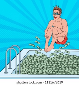 Pop Art Happy Man Jumping to the Pool of Money. Successful Businessman. Financial Success, Wealth Concept. Vector illustration