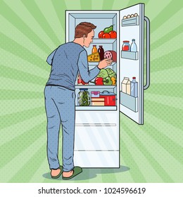 Pop Art Happy Man Looking Inside Fridge Full Of Food. Refrigerator With Dairy Products. Vector Illustration