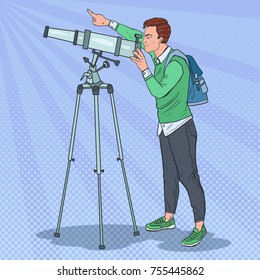 Pop Art Happy Man Looking Through a Telescope. Astronomical Equipment. Vector illustration