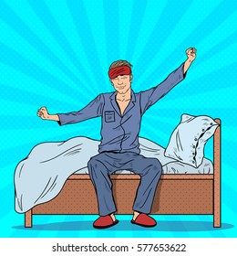 Pop Art Happy Man Stretching on Bed after Waking Up. Vector illustration