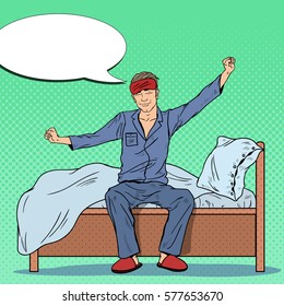 Pop Art Happy Man Stretching on Bed after Waking Up. Vector illustration