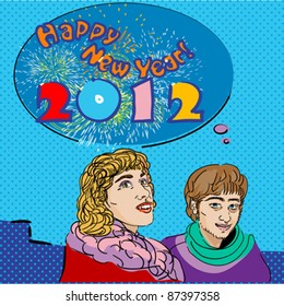 pop art Happy New Year 2012 card with speech bubble and fireworks