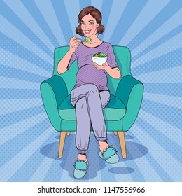 Pop Art Happy Pregnant Woman Eating Salad at Home. Healthy Food, Motherhood Concept. Vector illustration