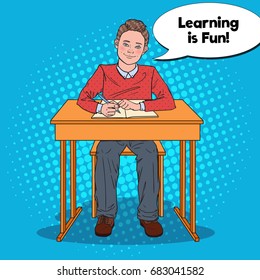 Pop Art Happy Schoolboy Doing Homework. Education Concept. Vector illustration