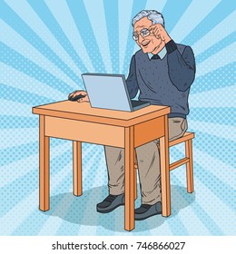 Pop Art Happy Senior Man Using Laptop. Smiling Grandfather with Computer. Vector illustration