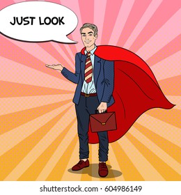 Pop Art Happy Super Businessman in Red Cape Pointing on Copy Space. Business Presentation. Vector illustration