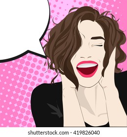 pop art happy woman. dreamy girl. vector illustration in comic style