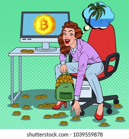 Pop Art Happy Woman Put Bitcoins in Backpack and Dreaming about Tropical Vacation. Crypto Currency Business Technology. Virtual Money. Vector illustration