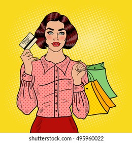 Pop Art Happy Woman with Shopping Bags and Credit Card. Seasonal Sale. Vector illustration