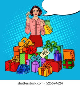 Pop Art Happy Woman with Shopping Bags, Huge Gift Boxes and Comic Speech Bubble Sale. Vector illustration