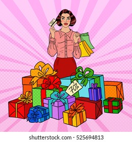 Pop Art Happy Woman with Shopping Bags and Huge Gift Boxes. Vector illustration