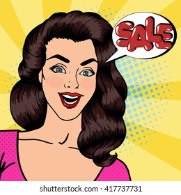 Pop Art Happy Woman Shouts Sale. Comic Speech Bubble. Vector illustration