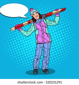Pop Art Happy Woman with Ski on Winter Holidays. Vector illustration