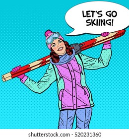 Pop Art Happy Woman with Ski on Winter Holidays. Vector illustration