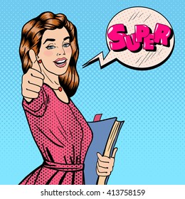 Pop Art Happy Woman Student With Books Gesturing Thumbs Up. Comic Speech Bubble. Vector Illustration