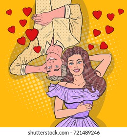 Pop Art Happy Young Couple in Love Laying Down. Romantic Relationships. Vector illustration