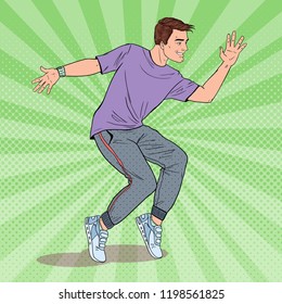 Pop Art Happy Young Hip Hop Dancer. Joyful Guy Dancing. Vector illustration