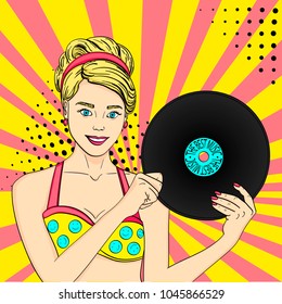 Pop art happy young woman with a phonograph record. Musical plate vector illustration. Imitation comic style.