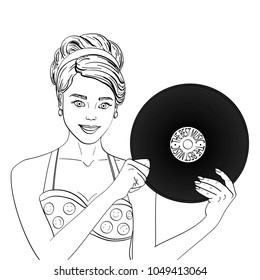 Pop art happy young woman with a phonograph record. Musical plate vector illustration. Imitation comic style. Object Coloring book