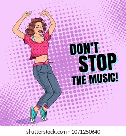 Pop Art Happy Young Woman Dancing. Excited Teenager Girl. Disco Club Poster, Music Placard. Vector illustration