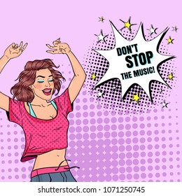 Pop Art Happy Young Woman Dancing. Excited Teenager Girl. Disco Club Vintage Poster, Music Placard with Comis Speech Bubble. Vector illustration