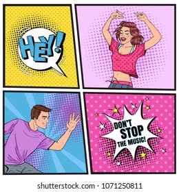 Pop Art Happy Young Woman and Man Dancing. Excited Teenagers. Disco Club Vintage Poster, Music Placard with Comis Speech Bubble. Vector illustration