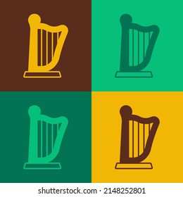 Pop art Harp icon isolated on color background. Classical music instrument, orhestra string acoustic element.  Vector
