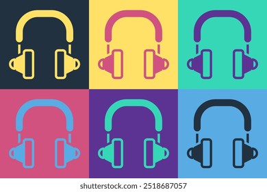 Icono de los auriculares del arte del Pop aislado en fondo del color. Auriculares. Concepto para escuchar música, servicio, comunicación y operador.  Vector