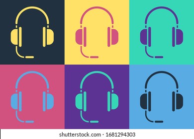 Pop art Headphones with microphone icon isolated on color background.  Vector Illustration