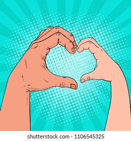Pop Art Health Care, Charity, Children Donation Concept. Adult and Child Hands make Heart Shape. Vector illustration