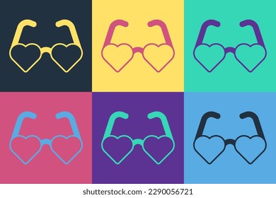 Pop art Heart shaped love glasses icon isolated on color background. Suitable for Valentine day card design.  Vector