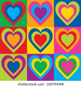 Pop Art Hearts in a colorful checkerboard design. 