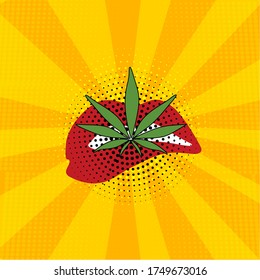 Ilustración vectorial de icono de cáñamo de arte pop y labios rojos.