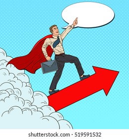 Pop Art Hero Super Businessman Flying through the Clouds. Business Motivation Leadership. Vector illustration