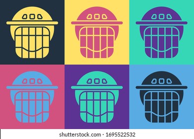 Pop art Hockey helmet icon isolated on color background.  Vector Illustration