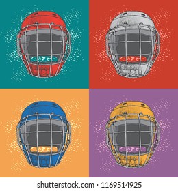 Pop art Hockey Helmets with mask. Side view. Sports Vector pattern. Ice hockey sports equipment on colorful background. Hand drawn helmet in cartoon style.